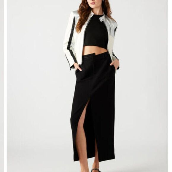 Steve Madden Helayna Faux Leather Silver/cream/black Moto jacket size small - Picture 4 of 12